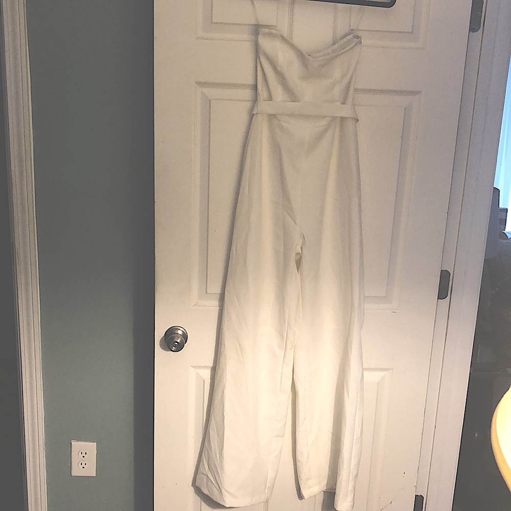 White Strapless Belted Wide leg Jumpsuit